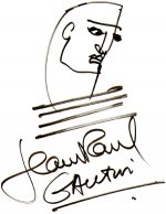 Stylized face above lines with the handwritten Jean Paul Gaultier signature.